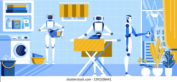 Home Robots Help In Everyday Life Cartoon Flat. Interior Bathroom In Apartment. Robots Wash And Iron Clothes, Water And Care For Plants In House. Artificial Intelligence Helps To Keep House.