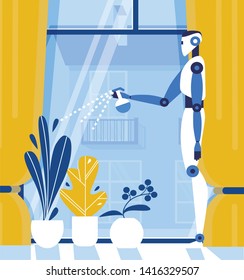 Home Robots Help in Everyday Life Cartoon Flat Vector Illustration. Robot Watering, Spraying and Caring for Plants in House. Artificial Intelligence Helps to Keep House. Big Window with View on House.