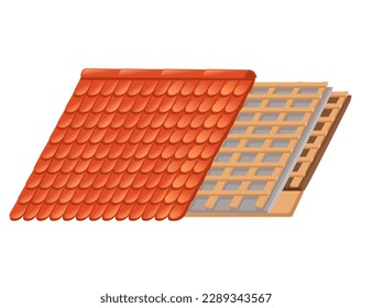 Home roof from red ceramic tiles and insulation vector illustration on white background