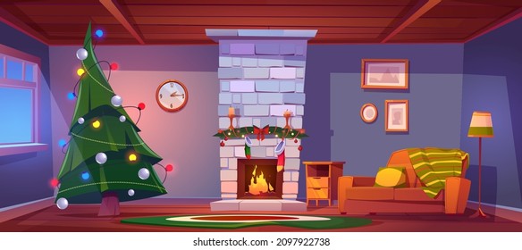 Home room at Christmas night, empty interior with burning fireplace, candles, gift socks, decorated fir tree with garlands and cozy sofa with pillow and plaid. Xmas eve Cartoon vector illustration