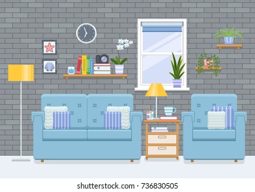 Home room with couch, armchair and shelves. Interior of living room in flat style. Vector illustration