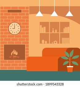 Home room with fireplace. Modern interior of a cozy living space. Sofa, bookshelves, lamps. Vector flat illustration.