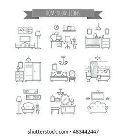 Home room icons. Interior design room types icons. Living room, bedroom, bathroom, work space icons