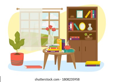 Home room interior with book furniture shelf design vector illustration. House library background, cozy lamp decoration for study. Flat decor apartment, reading knowledge at wooden table.