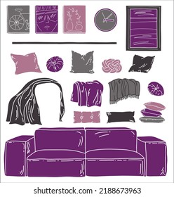 Home Room Interior Constructor. Furniture Clipart With Purple Sofa, Pink Pillow, Plaid, Picture, Clock, Shelf. Cozy Home Decorations. Flat Vector Sketch.