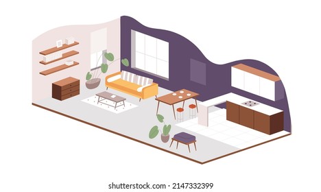 Decoración interior en la habitación propia. Zona de estar y comedor en el apartamento. Salón y cocina con mobiliario moderno. Proyecto casa de planta abierta. Ilustración vectorial plana aislada en fondo blanco