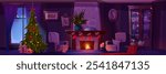 Home room interior with fireplace on Christmas eve. House with decoration on chimney with xmas stocking socks, garland and present under tree. Cozy armchair near fire on holiday in family apartment