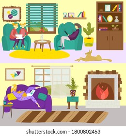 Home room interior with flat women and kid  characters, vector illustration. Cartoon family house set. Happy people during quarantine. Sitting, while at work, leisure on modern sofas.  Lifestyle banner.