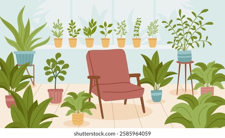 Home room interior with lot of green plants and armchair. Concept of relax, greening, gardening, tpsychotherapy. Vector hand drawn background.