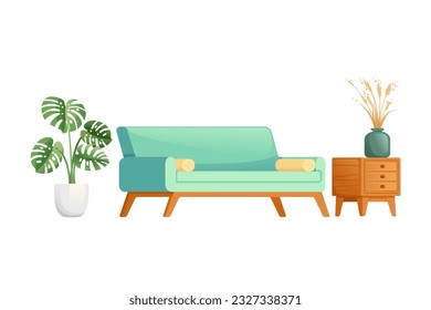Home room interior with sofa and plant simple minimalistic style vector illustration isolated on white background