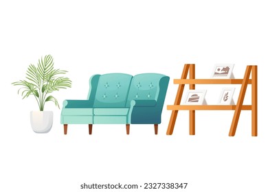 Interior de la casa con sofá estante y planta simple estilo minimalista ilustración vectorial aislado en fondo blanco