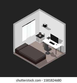 Home room isometric vector illustration, isometric side view interior home room with bookshelf, desk, chair, books, computer