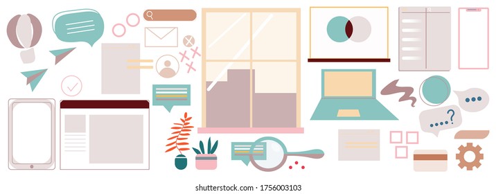 Home room and office interior items: cartoon plants, laptops, decorations and other elements. Business workplace  set in flat design