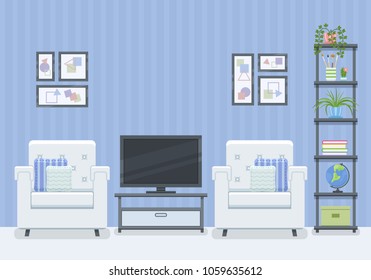 Home room with two armchairs and shelving. Interior of living room in flat style. Vector illustration