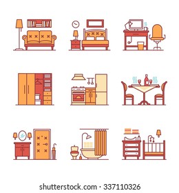 Home Room Types Furniture Signs Set. Thin Line Art Icons. Flat Style Illustrations Isolated On White.