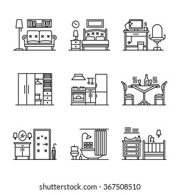 Home room types furniture signs set. Thin line art icons. Linear style illustrations isolated on white.