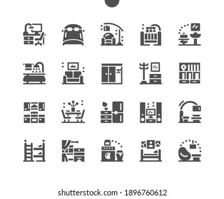 Home room types. Interior design. Kitchen, living room, laundry room, bedroom, children's room, bathroom, workplace, home office, wardrobe. Vector Solid Icons. Simple Pictogram