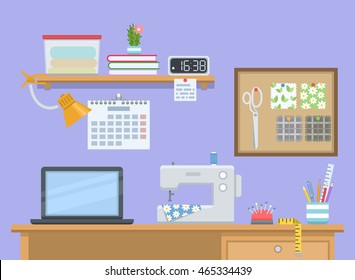 Home room with workplace for freelancer seamstress. Workspace with sewing machine in flat style. Vector illustration