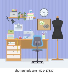 Home room with workplace for freelancer seamstress. Workspace with sewing machine and mannequin in flat style. Vector illustration