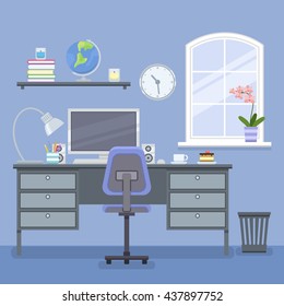 Home room with workplace and window. Workspace for freelancer in flat style. Vector illustration