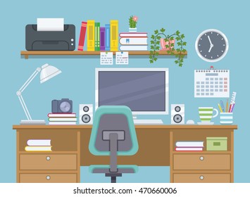 Home room with workspace for freelancer in flat style. Workplace with computer and printer. Vector illustration