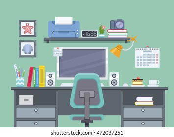 Home room with workspace for freelancer in flat style. Workplace with computer and printer. Vector illustration