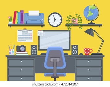 Home room with workspace for freelancer in flat style. Workplace with computer and printer. Vector illustration