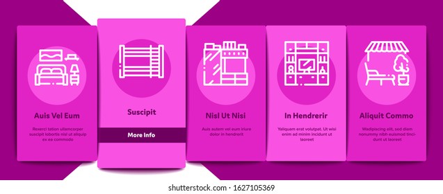Home Rooms Furniture Onboarding Mobile App Page Screen Vector. Sofa And Table, Lamp And Chair, Fireplace And Rocking-chair Home Rooms Interior Concept Linear Pictograms. Color Contour Illustrations