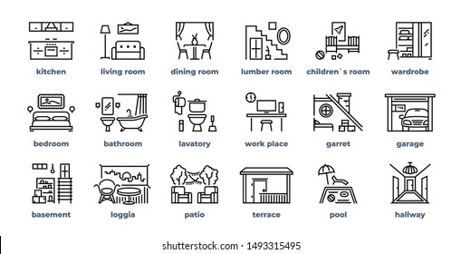 Home rooms line icons. Living room bedroom kitchen bathroom simple outline flat pictograms. Vector design home interior furniture set