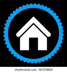 Home round stamp icon. This flat vector symbol is drawn with blue and white colors on a black background.