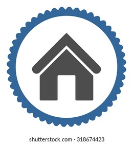 Home round stamp icon. This flat vector symbol is drawn with cobalt and gray colors on a white background.