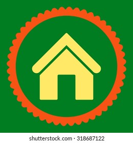 Home round stamp icon. This flat vector symbol is drawn with orange and yellow colors on a green background.
