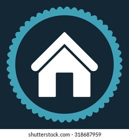 Home round stamp icon. This flat vector symbol is drawn with blue and white colors on a dark blue background.
