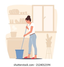 Home Routine, Hausdiener im Wohnzimmer. Junge Frauen, die Hausarbeit machen, Reinigungsboden mit Mop, Jeden Tag oder Wochenende Chores, Girl Mopping Apartment. Cartoon-Vektorgrafik