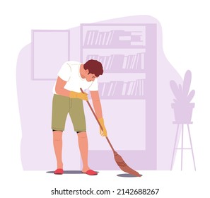 Home Routine, Household Duties in Living Room. Young Man Doing Domestic Work, Sweeping Floor with Broom, Every Day or Weekend Chores, Male Character Sweet Apartment. Cartoon Vector Illustration