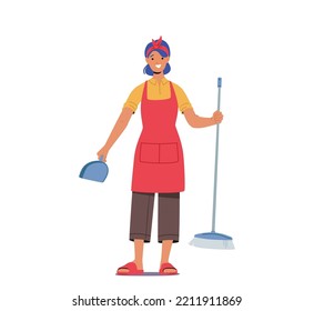 Hogar Rutina, Deberes Domésticos en Sala de Estar. Mujer joven haciendo trabajo doméstico, limpiando el suelo con brocha y escopeta, todos los días o fines de semana, departamento de compras para chicas. Ilustración del vector de dibujos animados