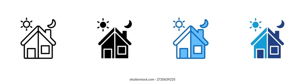 Home Rotina Ícone de Estilo Múltiplo Design Vetor - casa com o sol e a lua, representando rotinas diárias, vida doméstica e equilíbrio entre dia e noite