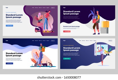 Home routine set. People doing homework, cleating, washing, buying food. Flat vector illustrations. Housekeeping, service, domestic work concept for banner, website design or landing web page