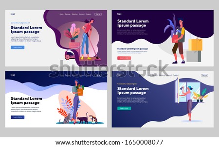 Home routine set. People doing homework, cleating, washing, buying food. Flat vector illustrations. Housekeeping, service, domestic work concept for banner, website design or landing web page