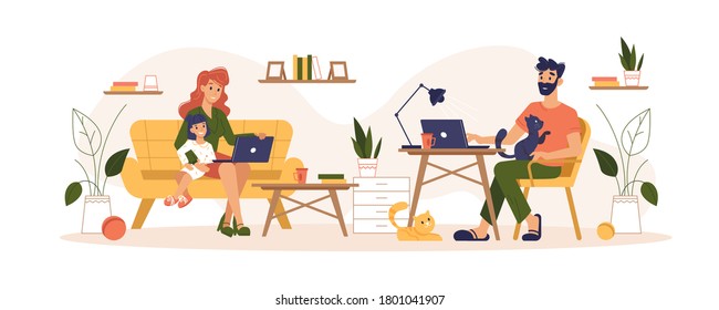 Home routine and work freelance, home office vector flat illustration. Mother and father freelancers working at home office interfering with daily routine life, children nursing and working at laptop