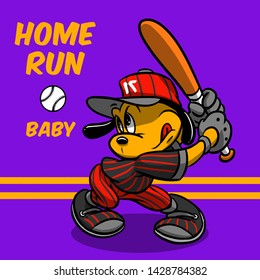 home run baby slogan vector dog playing baseball illustration character design for tee shirt pajama home textile linens wallpaper card icon poster print graphic