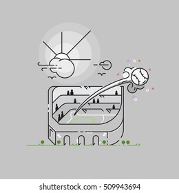 Home run, Baseball Ball Being Hit Out of the Park, Stadium, Field, Thin line Vector Style. Vector, Illustration