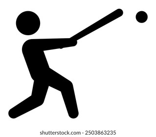 home run icon symbol, success achievement leadership concept, stick figure athlete character, baseball player with a bat hits the ball, isolated flat vector illustration