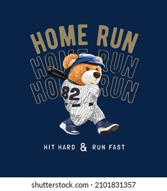 home run slogan with baer doll baseball player vector illustration
