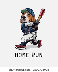 Home Run Slogan mit Cartoon Beagle Hund Baseball-Spieler Grafik Vektorgrafik