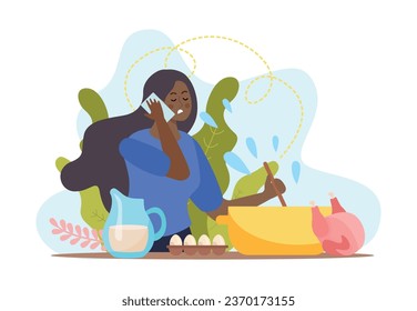 Home safety flat composition with housewife cooking dinner vector illustration