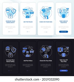 Home safety onboarding mobile app page screen set. Pets observation walkthrough 4 steps graphic instructions with concepts. UI, UX, GUI vector template with linear night and day mode illustrations