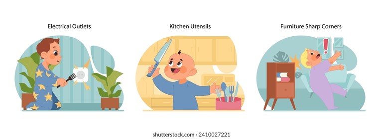 In home safety set. Children interacting with electrical outlets, kitchen utensils, and furniture edges. Emphasizing secure environment and childproofing. Preventing injuries. Flat vector illustration