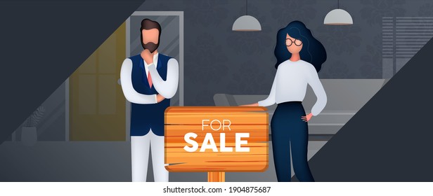 Home sale banner. A girl and a man are realtors. Apartment sale concept. Vector.