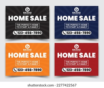 Home-sale-Geschäft Immobilienfirmen Anzeigen, Werbeschild, Beschilderungsvorlage für Außenwerbung in mehrfarbiger Version schwarz, blau, rot, orange, Vektorgrafik